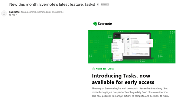 email marketing annoucement from evernote